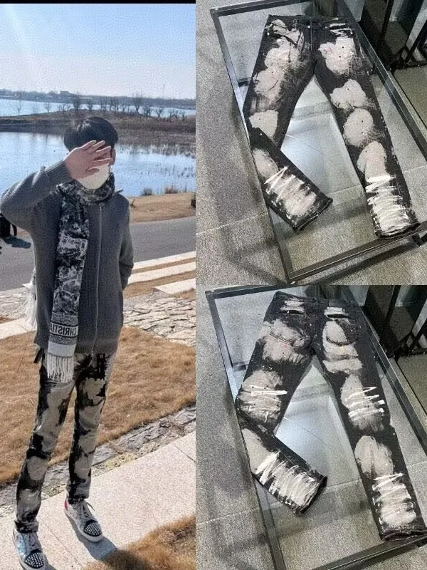 

Мужские джинсы Slim Fit в американском стиле, с эффектом брызг, белые, до колена, эластичные, повседневные, длинные брюки, молодежная мода, износостойкие