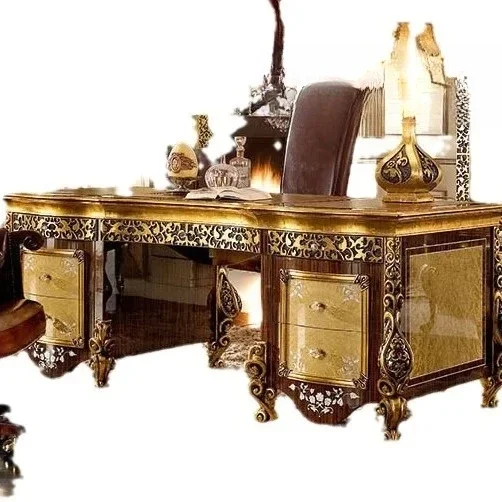 

Европейский роскошный стул для учебы из цельного дерева, французский итальянский офисный кожаный повседневный вращающийся стул с золотой росписью, модный