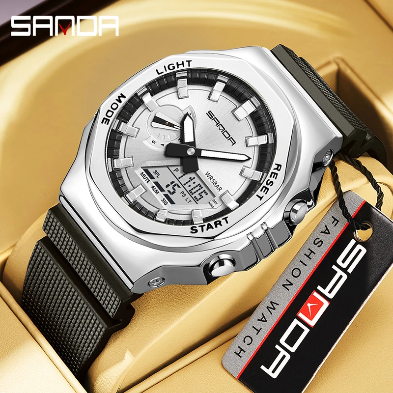 SANDA 3167 Fashion Military Sport Men Wrist Watch 50M Waterproof Luxury LED Dual Display Quartz Men Watches Relogio Masculino