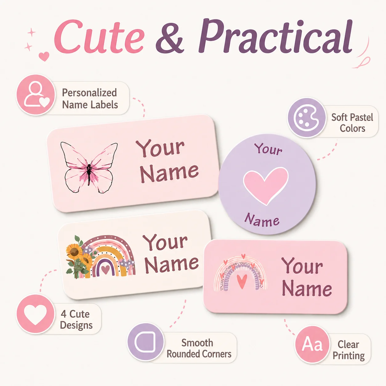 140PCS Adesivos Personalizados com Nome, Etiquetas Autoadesivas Personalizadas, 4 Designs Fofos para Garrafas e Caixas de Armazenamento de Material Escolar