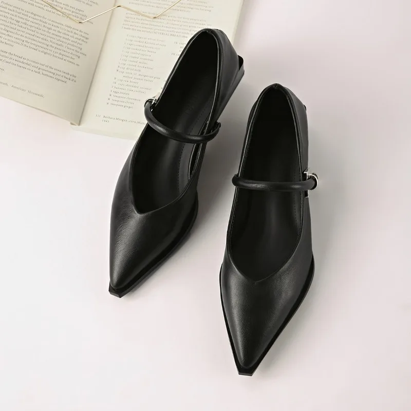One-line Strap Block Heel Single Shoes New Spring Pointed Toe Shallow Mouth Fashion Small Leather Shoes