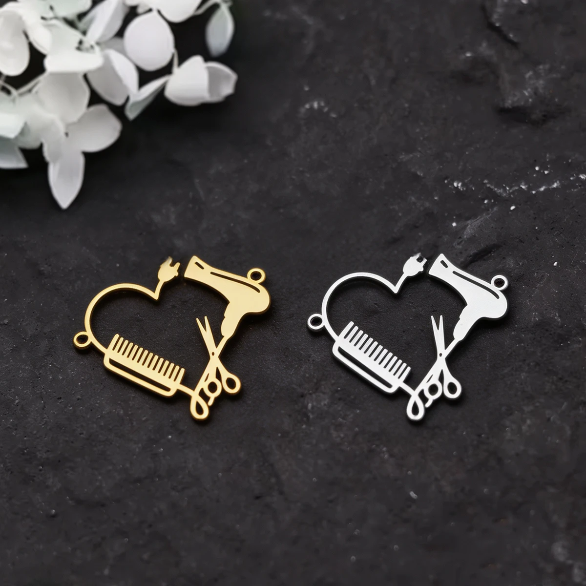 3pcs Hair Salon Tool Charms Stainless Steel Heart Hair Dryer Scissors Comb Pendant for DIY Jewelry Making Necklace Earrings
