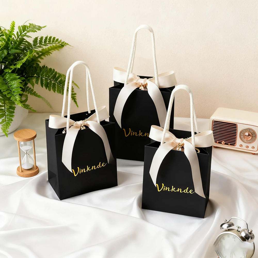 

Роскошный индивидуальный логотип, черная подарочная сумка из крафт-бумаги для ювелирных изделий, персонализированные свадебные сумки для детского душа, упаковка для покупок, сумки для переноски