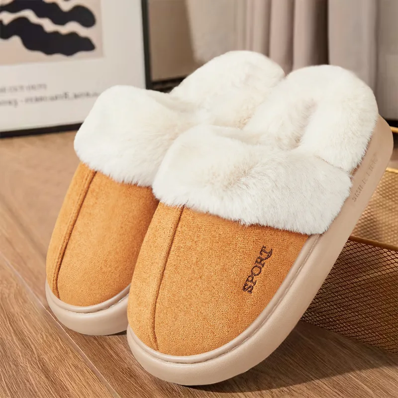 Winter women's shoes with plush insulation cotton shoes, imitation suede splicing plush home thick sole casual style