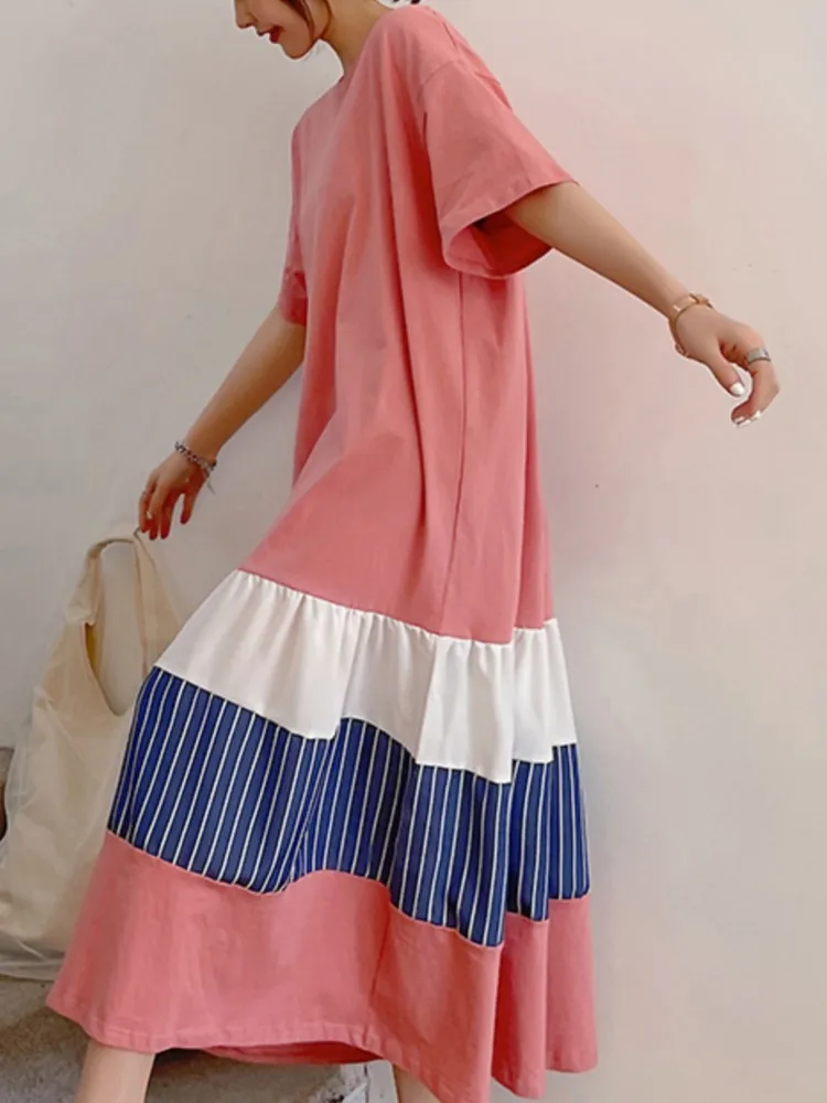 Biglarge ストライプ Tシャツドレス女性の夏のパッチワークルーズドレス女性韓国のエレガントなレディースドレス Vestidos
