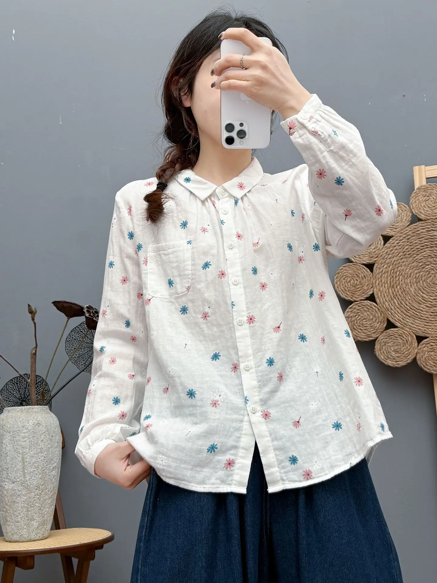 New 2025 Summer Cotton Yarn Long Sleeve Shirt, Women Turn-down Collar Printed, Mori Girl Versatile Soft Loose Blouse T54760CC