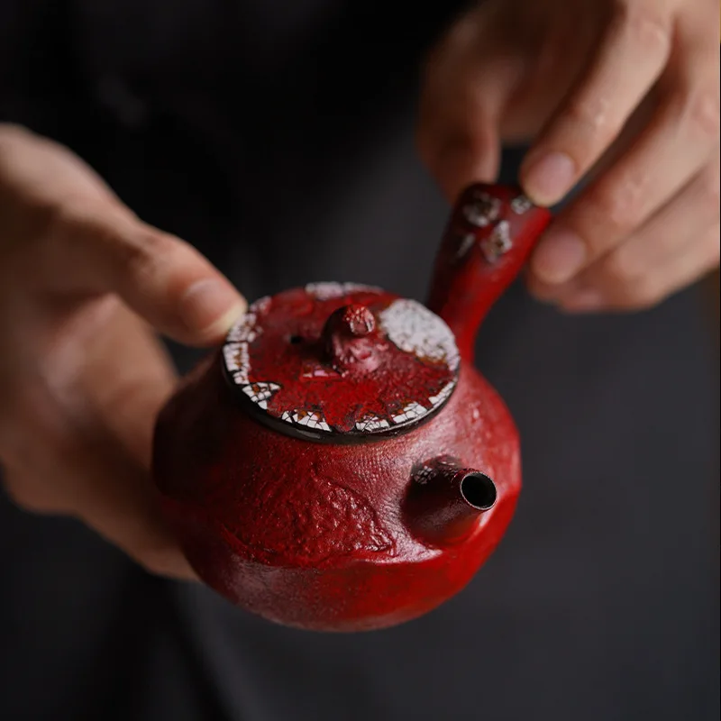 Fanyu Wabi-Sabi Dark Green Plant Lacquer Teppei With Side Handle Antique-Style Elegant Artistic Teapot Anti-Scald Zen-Inspired