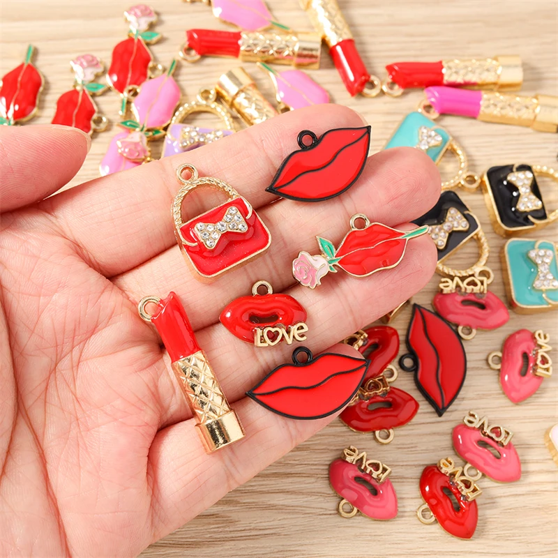 10 Stück niedliche, gemischte Emaille-Anhänger für Make-up-Taschen, Lippenstift-Anhänger für die Schmuckherstellung, Ohrhänger, Halsketten, DIY-Bastelzubehör – Detail 2