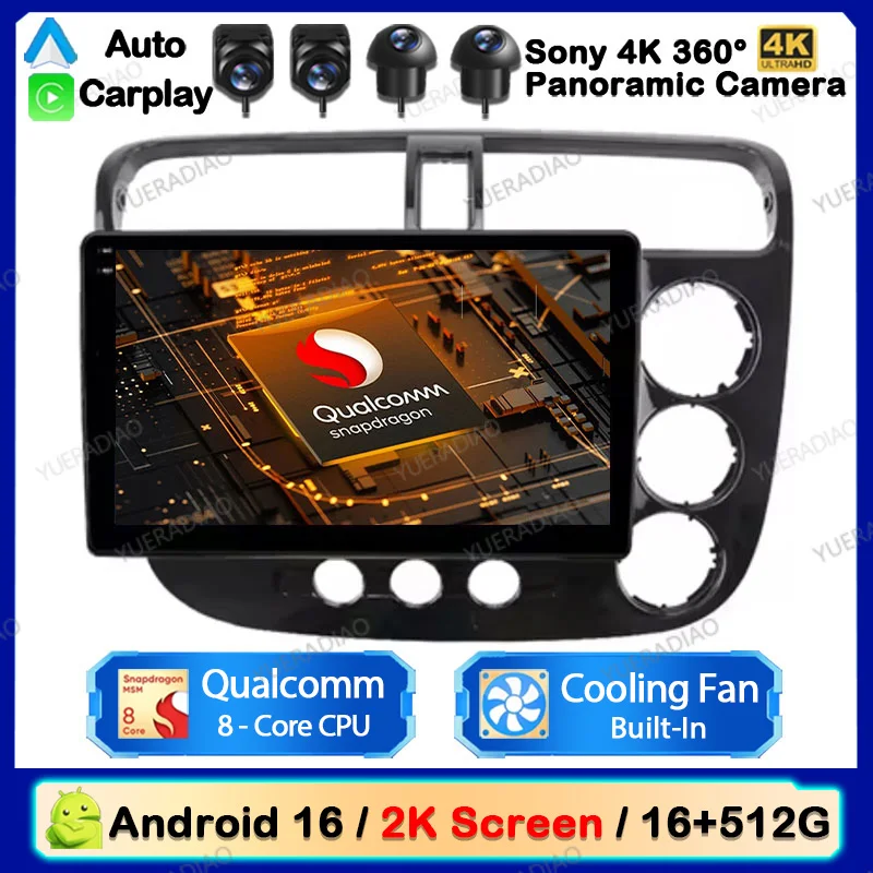 Android 16 Car Radio For Honda Civic 7 2000 2001 - 2006 Multimedia Stereo Video Player Head Unit 4G WIFI Carplay Auto 360 Camera