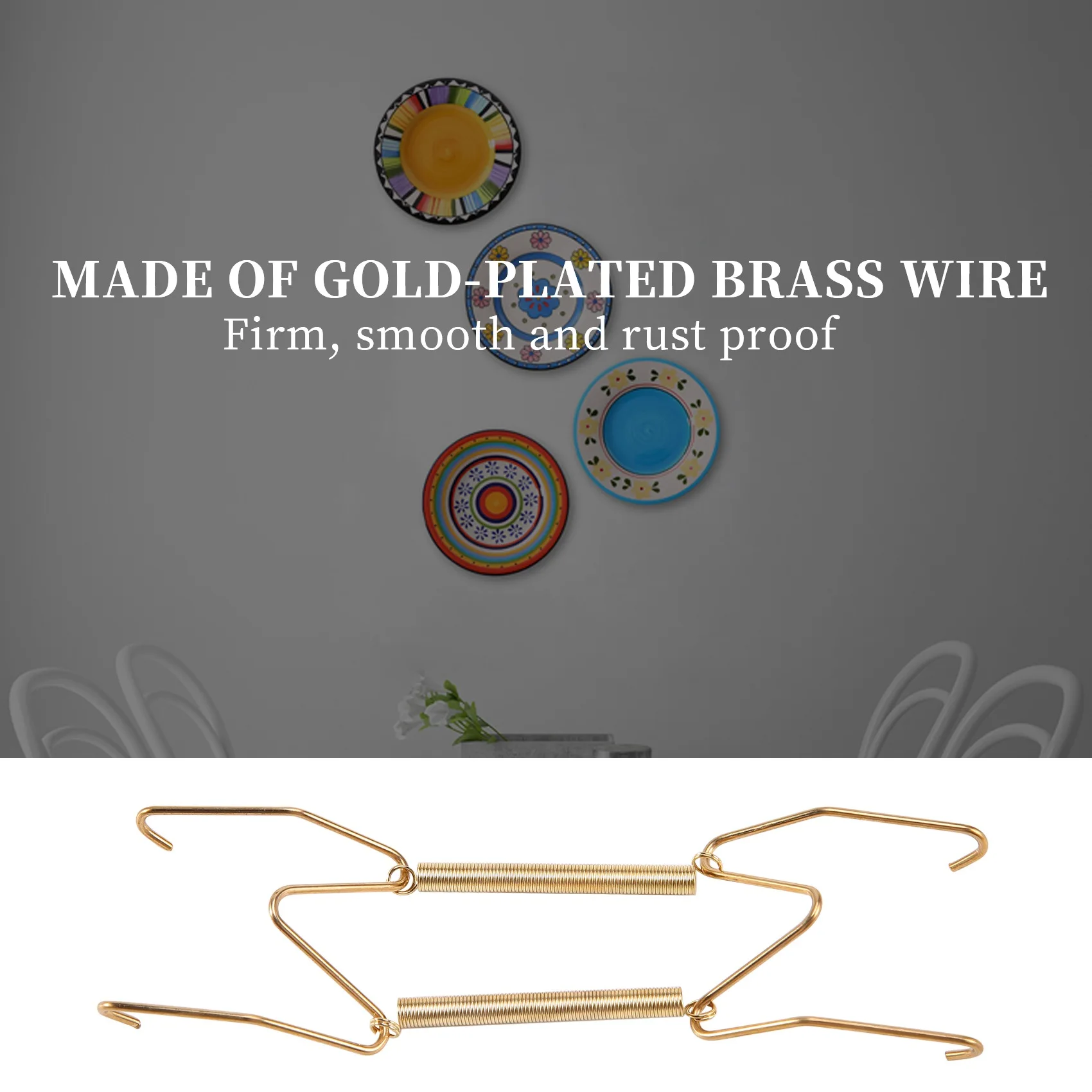 A74E-16 Pieces 6 Inch Invisible Plate Hangers Wall Plate Hangers Brass Wire Plate Holders With 18 Pieces Wall Hooks For 5 To 7 I