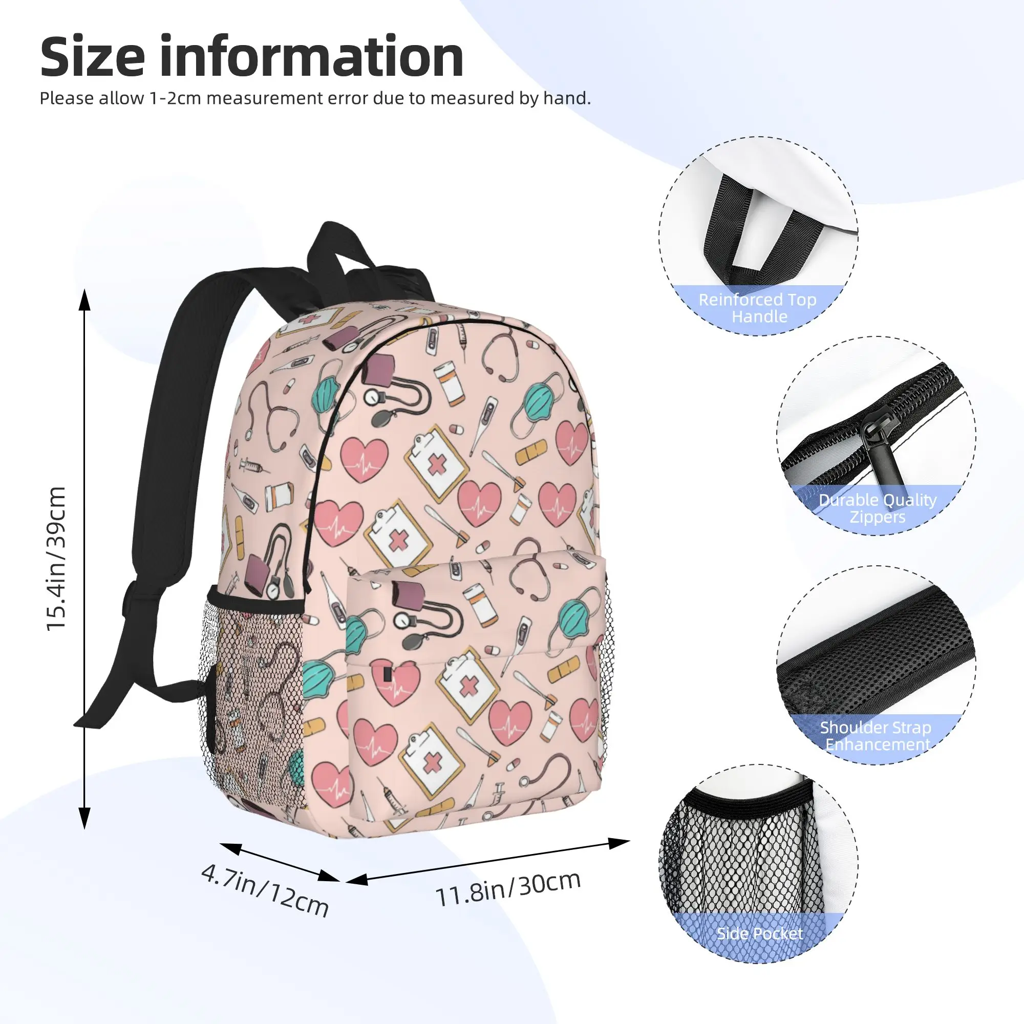 Nurse Fabric Pink Nursing Pattern Nurse Backpack Hot Sale Daypack Boys Girls BookBag Shoulder Bags for Men Women School Bag