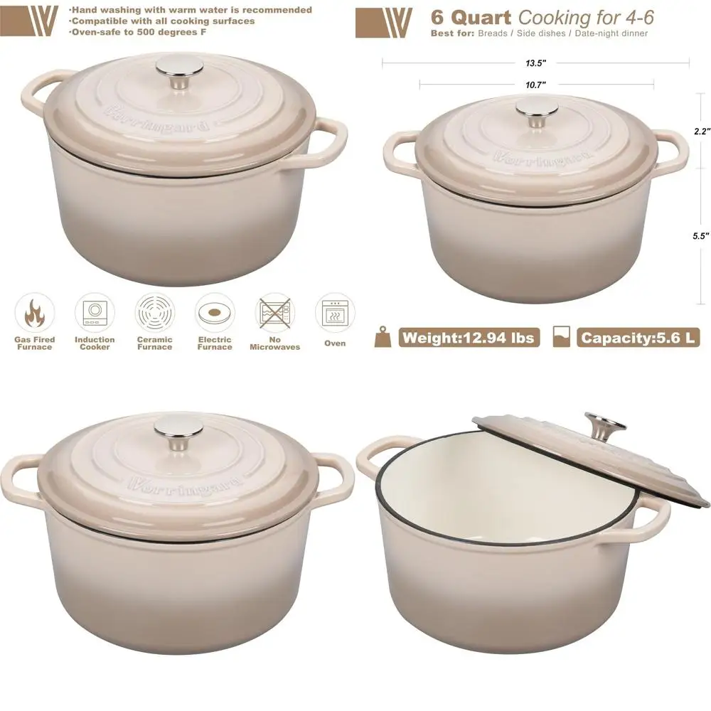 

Круглая эмалированная жаровня на 6 кварт с крышкой, цвет латте, идеально подходит для выпечки хлеба на закваске