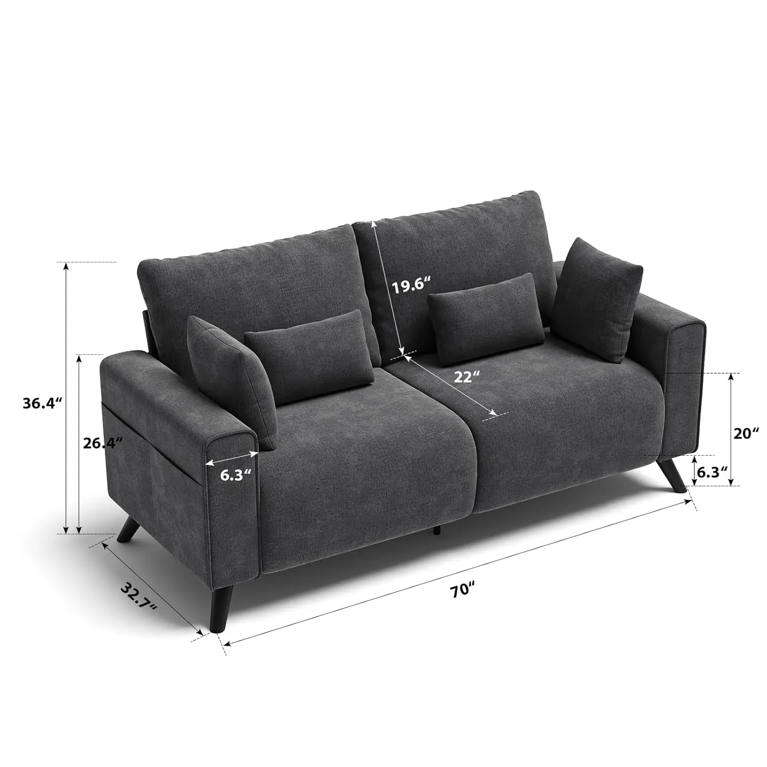 70” Loveseat Sofa, Grey Love Seat Couches for Living Room, 2 Seater Small Couch for Small Spaces, Bedroom, Office Sofas, Custom