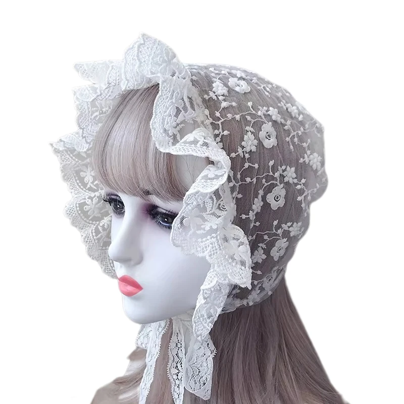Lolita Cap Maid Cosplay Vintage Lace Bonnet Ruffled Hat Women Girls Pumpkin Cap Lace-up Adjustable Hat