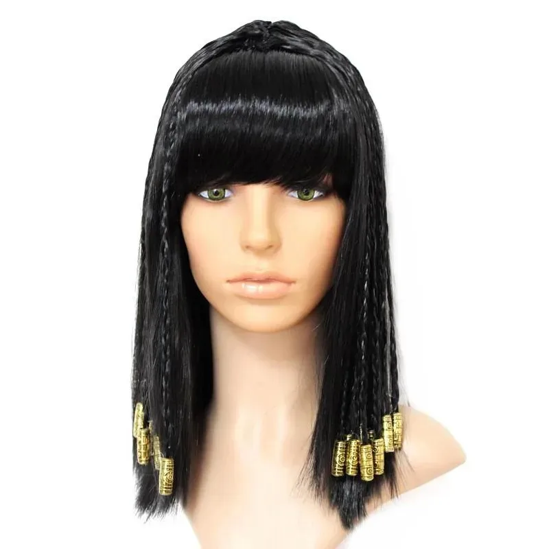 Peluca de Cosplay Cleopatra, vestido de bola, cuentas pequeñas, peluca corta de trenza pequeña sintética negra Natural, peluca Coser de Halloween para fiesta diaria