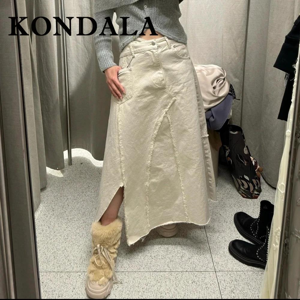 KONDALA 2025 Tassel Vintage White Woman Suit Asymmetric Strapless Slim Vest+Chic Split Long Dress Women Casual Elegant Sets