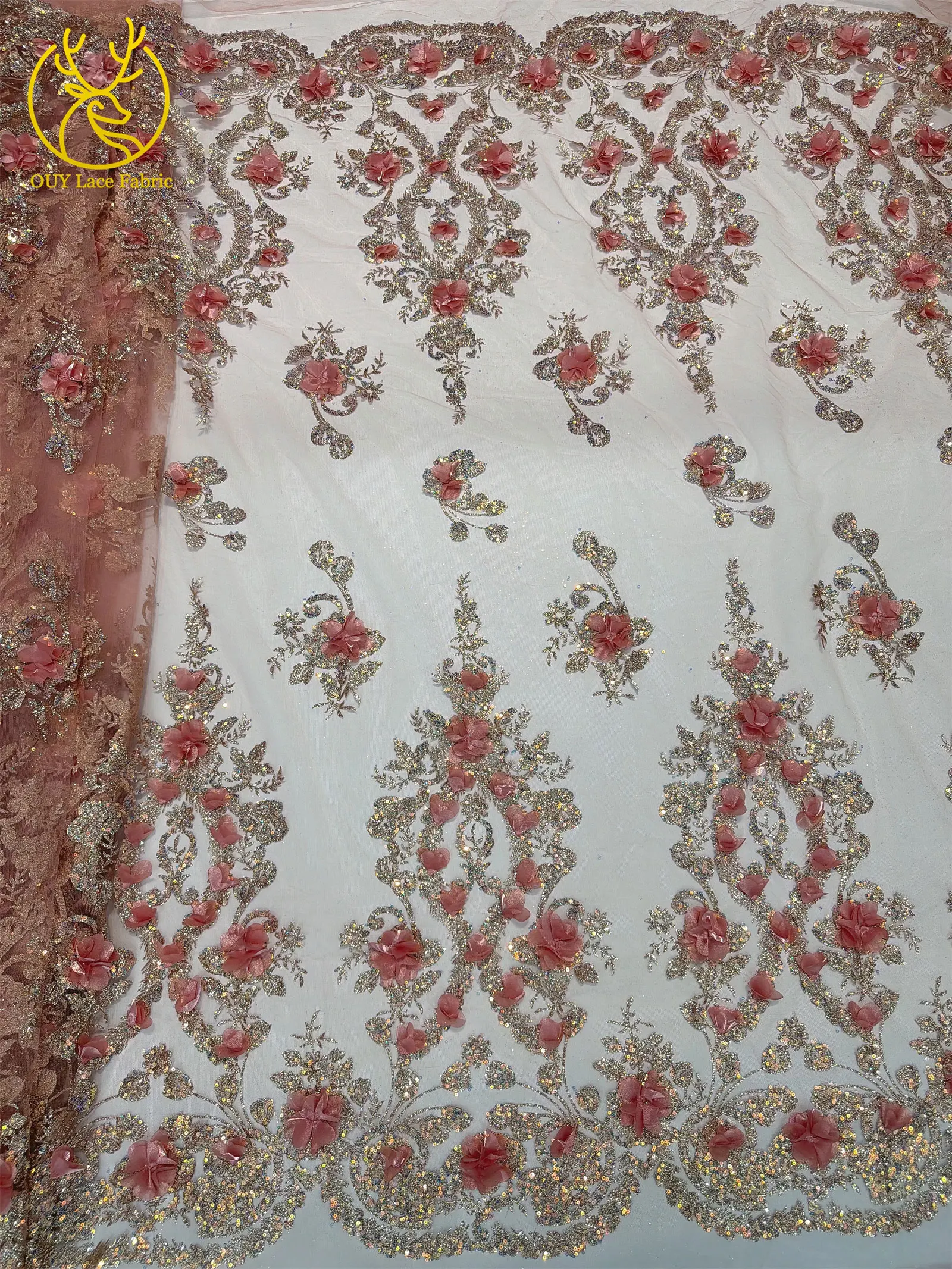 Neuer Stil Afrikanischer 3D-Applikations-Spitzenstoff 2026 Nigerianischer Glitzer-Pailletten-Spitzenstoff für Abschlussball- und Hochzeitskleider zum Nähen, 5 Yards – Detail 15