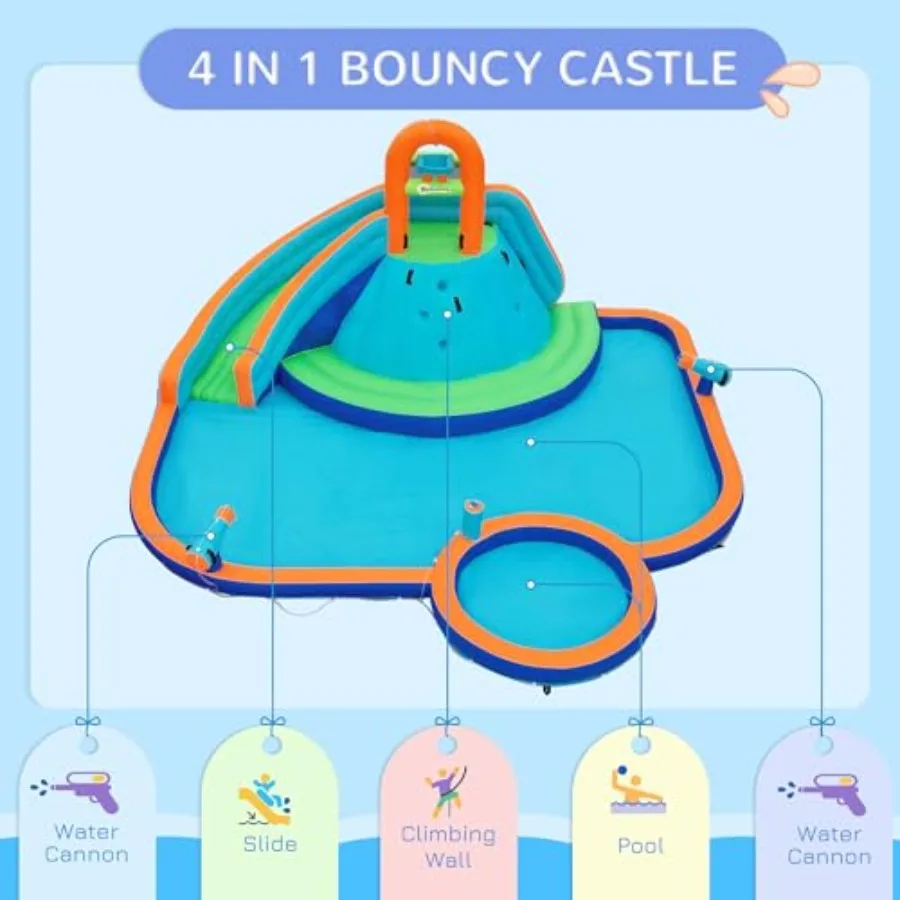 Opblaasbare waterglijbaan voor kinderen 4-in-1 springkasteel Waterpark Springkasteel met waterzwembad, glijbaan, klimmuren en 2 waterblikken