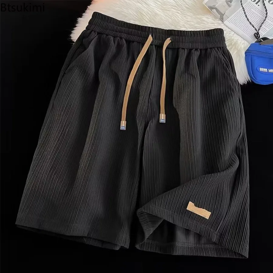 2025 Men Shorts Fashion Drawstring Pocket Solid Ribbed Summer Ultra-thin Casual Shorts Elastic Waist Men Sports Basketball Pants