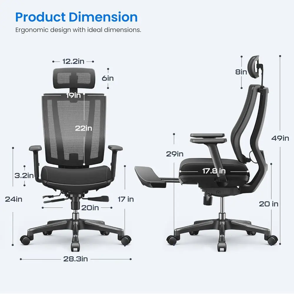 Ergonomic Office Chair - Adjustable Seat, 3D Armrests, Lumbar Support, Mesh Back, Memory Foam Cushion for Comfortable Gaming or