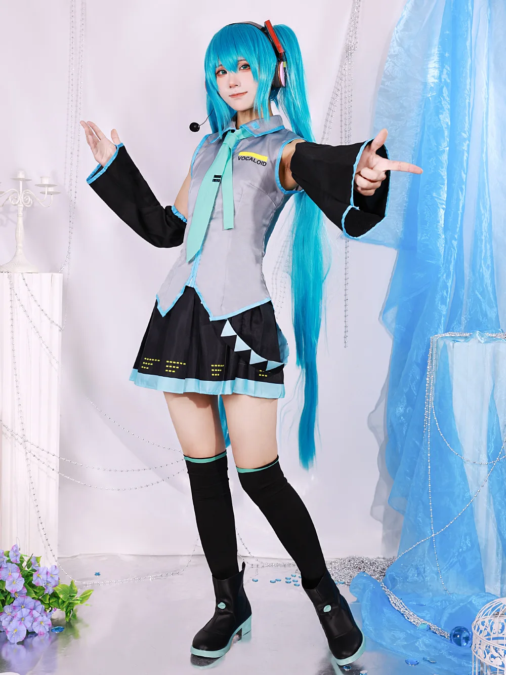 Anime Miku Cosplay Costume Wig Headwear Full Set Props Miku Cosplay Accessories Halloween Party Outfit for Women Girls