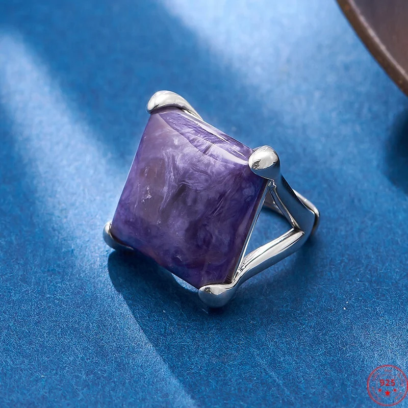 

S925 Sterling Silver Charms Rings for Women Men Palace Style Exaggerate Square Charoite New Fashion Punk Jewelry Free Shipping