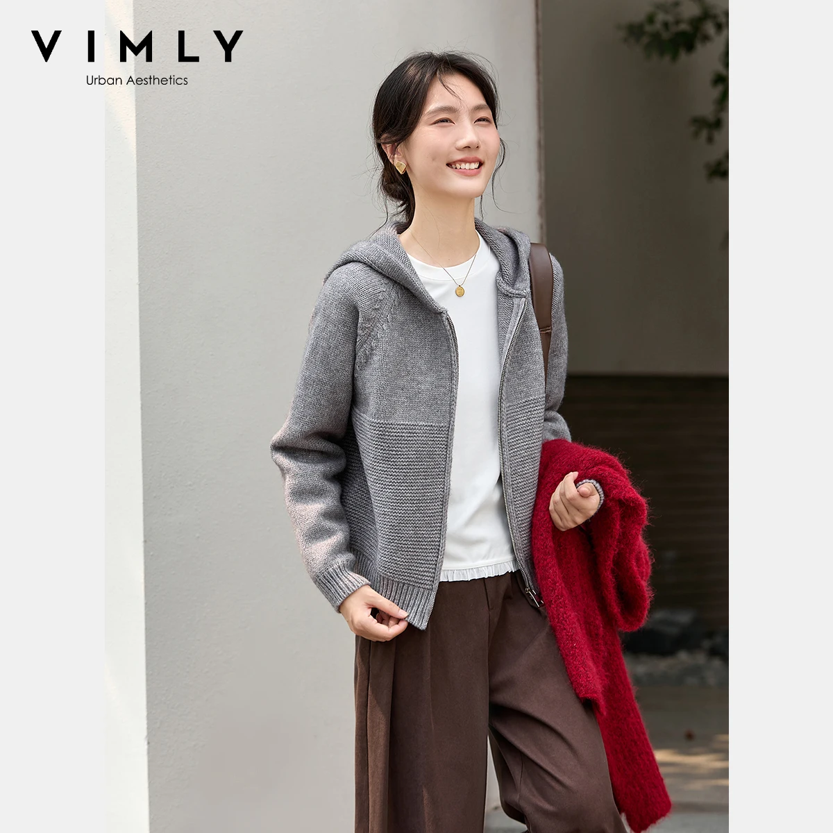 

VIMLY Women Hooded Knitted Cardigan 2026 Winter Casual Short Ladies Jackets Elegant Solid Zip Up Thick Long Sleeve Tops 75133