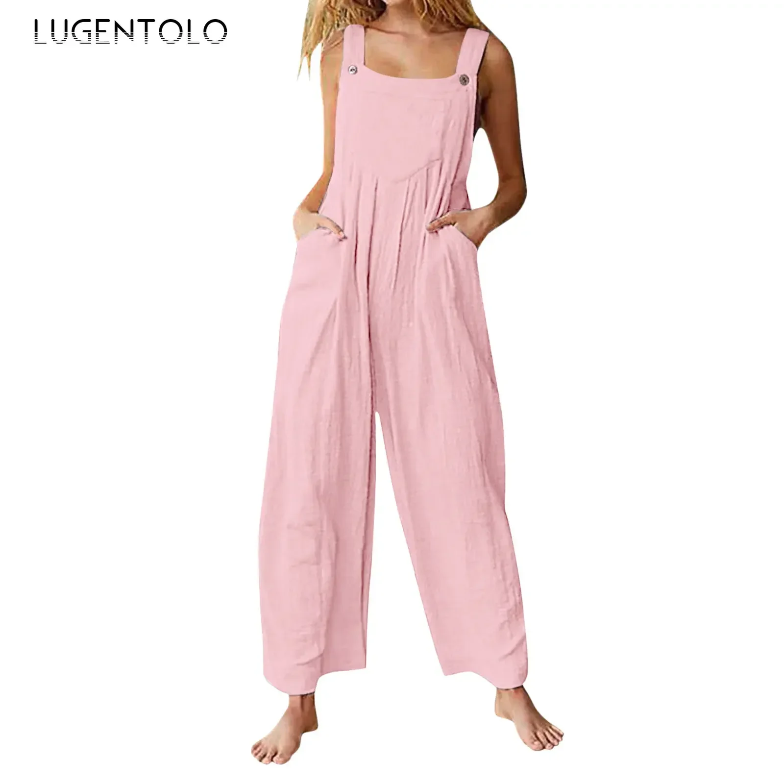 

Summer Jumpsuit Women Fashion Thin Wide-leg Pants Casual Overalls Pocket Female Loose Solid Simple Street Suspenders Lugentolo