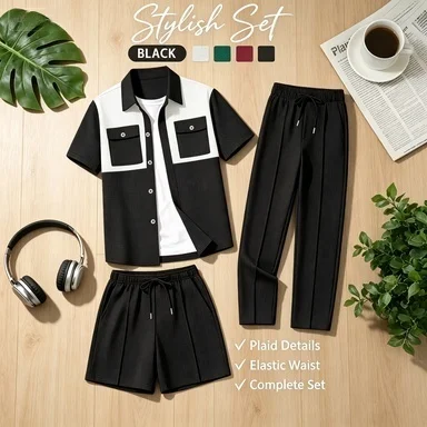 New trendy men's checkered three-piece set - color-block shirt, elastic waist pants, drawstring shorts, urban casual outfit comb - Image 5