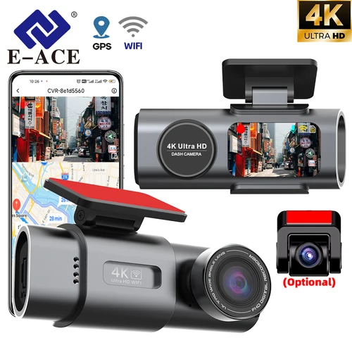 Cámara de salpicadero de doble lente, grabación 4K UHD, cámara de coche DVR, grabadora de vídeo de visión nocturna, compatible con GPS, Wi-Fi, cámara de visión trasera con caja negra