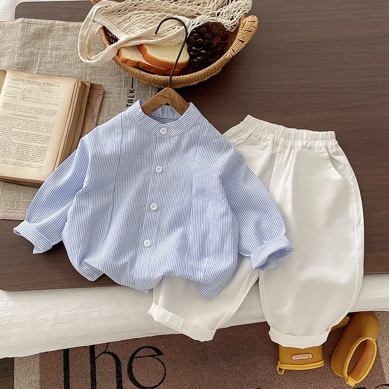 Boy Baby Set Spring and Autumn Children's Loose Blue Stripe Stand up Collar Shirt Casual Pants Two Piece Set