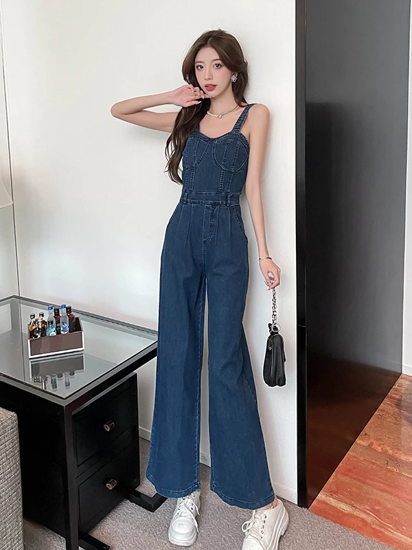 

Fashionable Design Sensation Denim One-Piece Pants Women's High Waist Slimming Summer New Arrival Chic Long Pants Suit