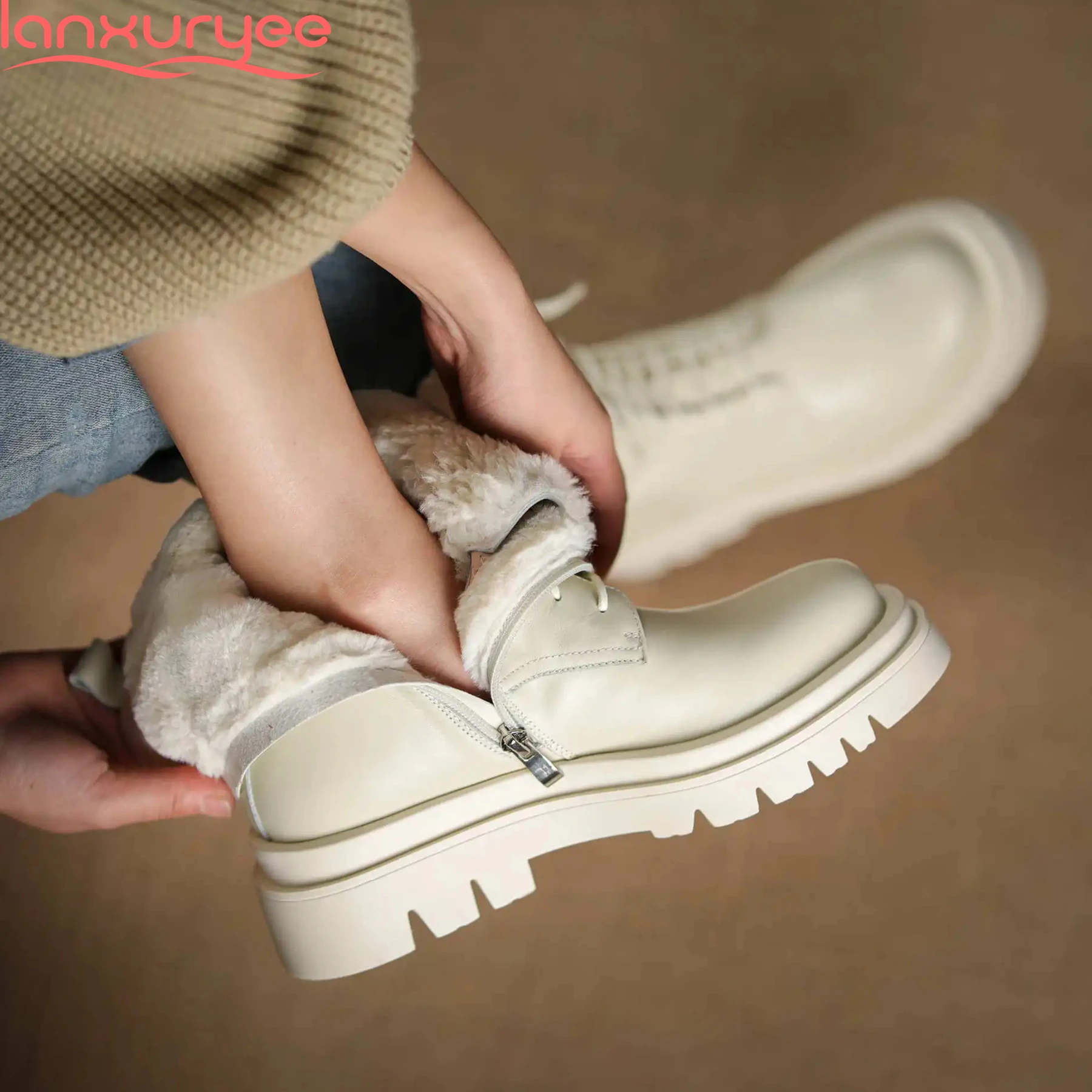 

Lanxuryee -30 ℃ Cold-resistant Wool Cow Leather Keep Warm Snow Boots Thick Heels Casual Platform Brand Dating Party Ankle Boots