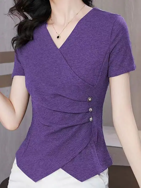 Summer New Women's Irregular ort Sve T-irt Slim Fit Base irt Sli Small irt Top Women Casual Sle Knitted Pure...