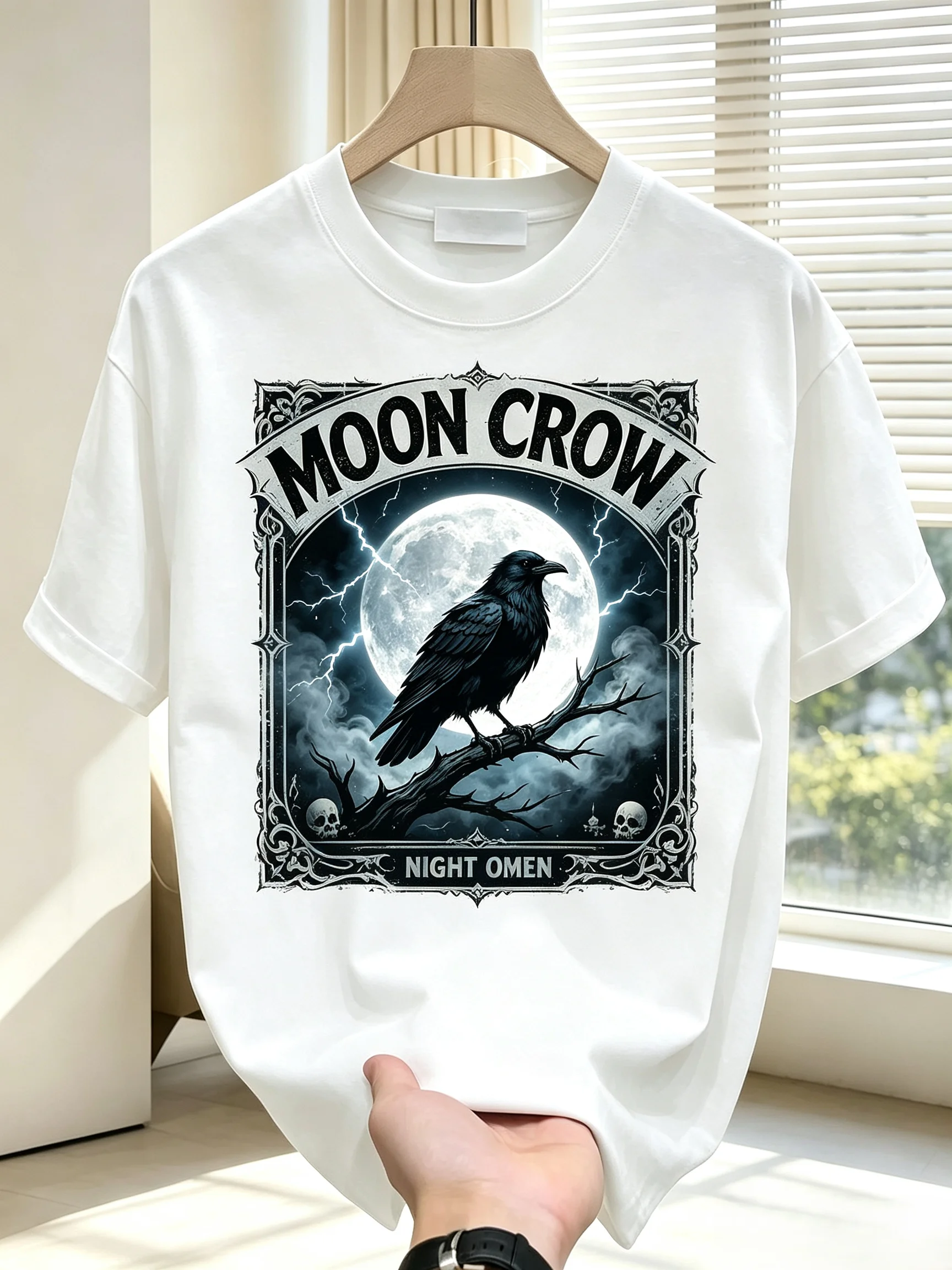 Unisex MOON CROW Raven Full Moon Lightning Skull Graphic T Shirt Men Women Night Omen Gothic Dark Vintage Streetwear Short Sleeve White Casual Tee