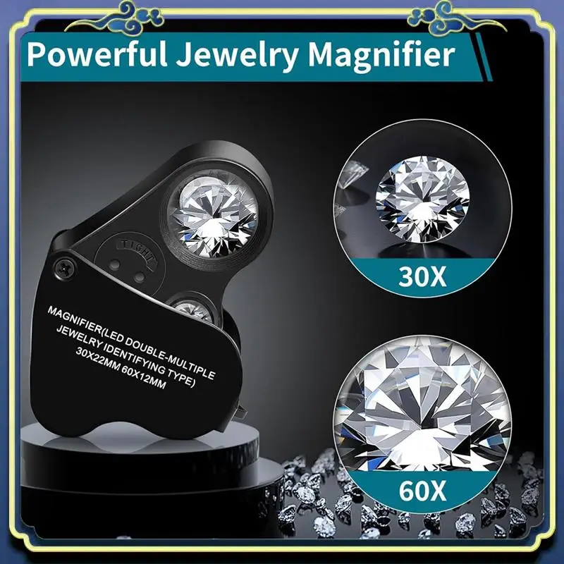 Portable 30X 60X Jewelers Loupe Bundle With 10X 20X 45X Large Magnifying Glass With Light For Seniors Reading, Inspection Coin
