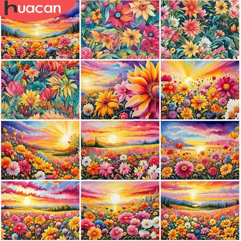 HUACAN Full Kits Diamond Painting Daisy Flower Cross Stitch Diamond Embroidery Sunsets Landscape Home Decor Handicrafts