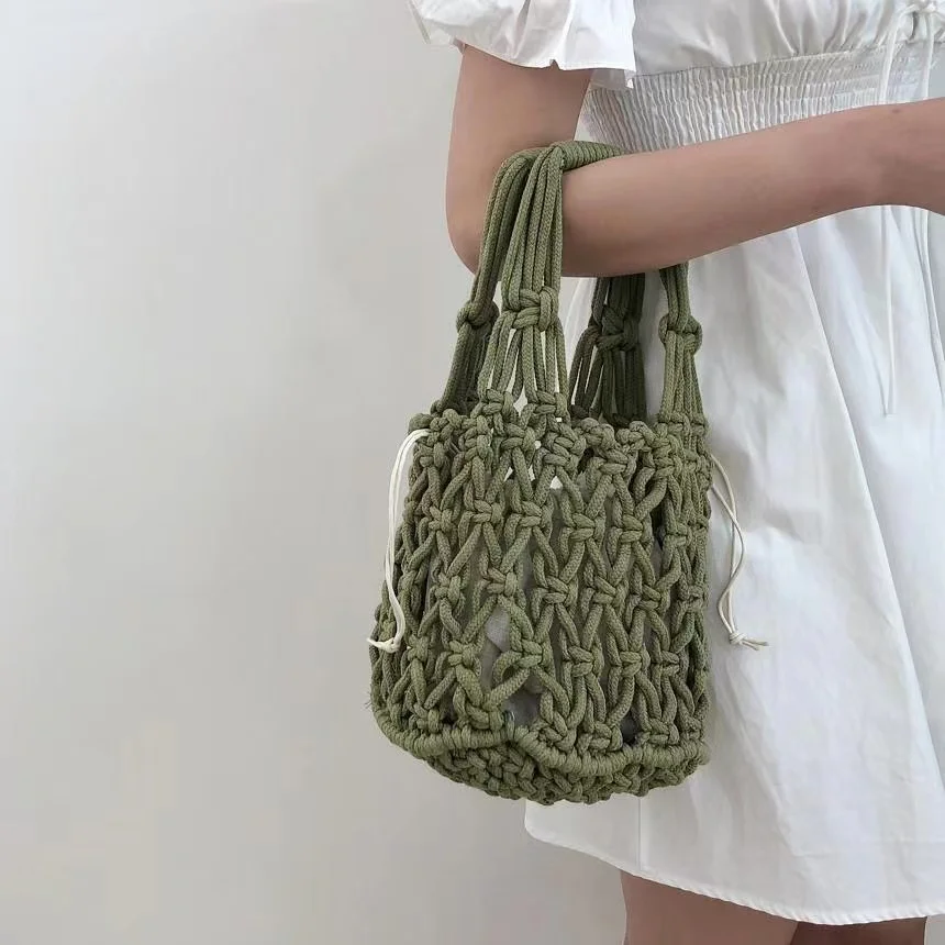 Cotton Thread Tote Handbags Solid Color Hollow Out Handmade Woven Crochet Shoulder Bags for Women