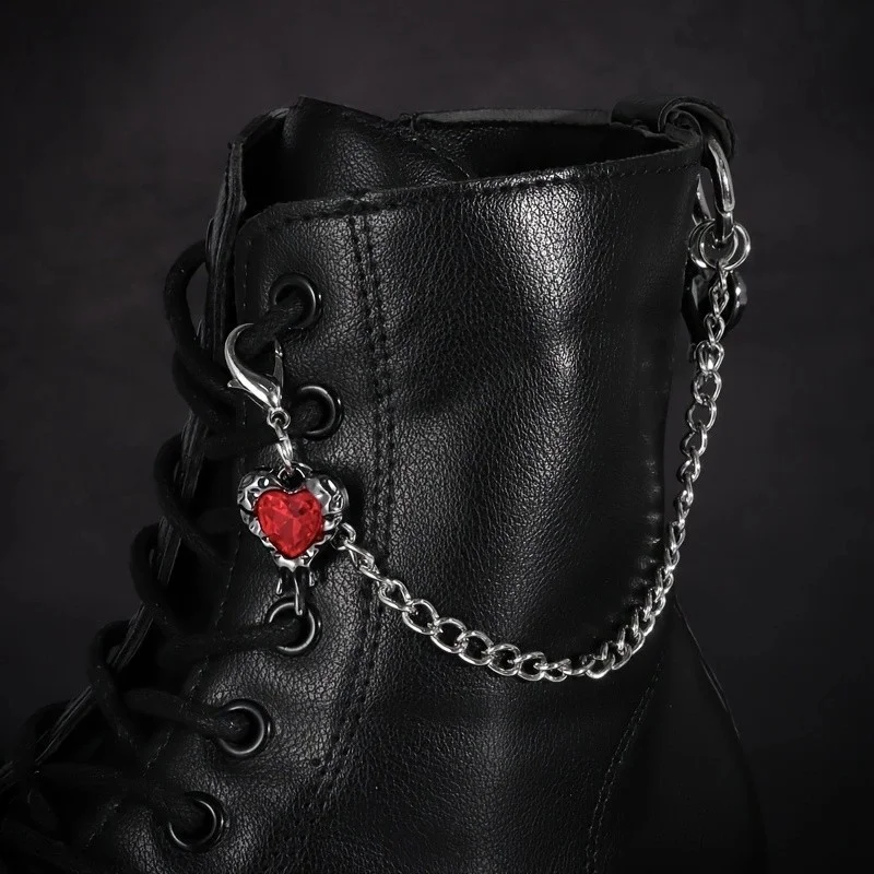 2Pcs Gothic Red heart rhinestone boot chain, silver metal detachable shoe chain, boot decoration aesthetic accessory