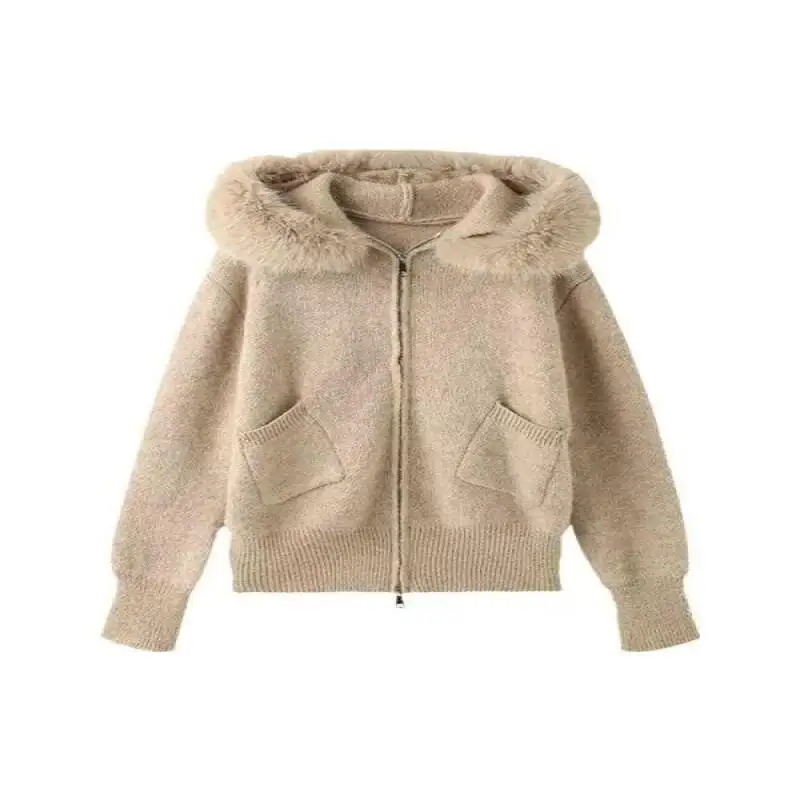Coat Korean Style Commuter Office Worker Retro Gentle Fur Collar Hooded Sweater Autumn and Winter Soft Knitted Cardigan Coat