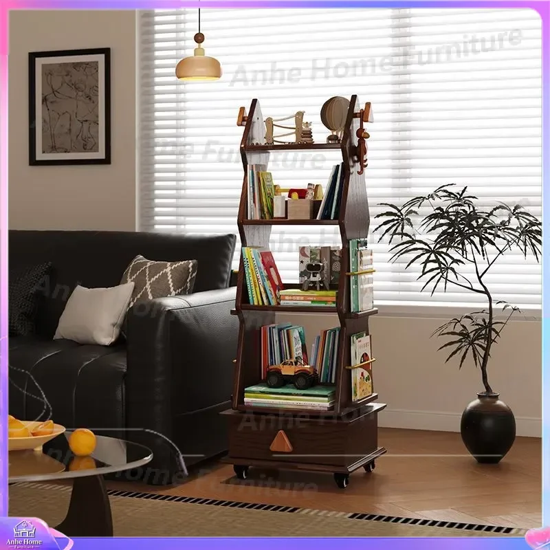 Tree Shaped Bookshelf Solid Wood Floor to Ceiling Kids Storage Cabinet Movable Student Study Locker Integrated Picture Book