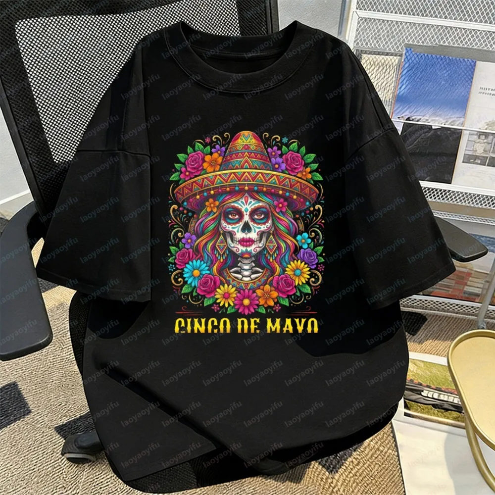 Cinco De Mayo Art Cotton Tee Sugar Skull & Sombrero Statement T-Shirt Mexican Fiesta Art Streetwear Fashion Clothes for Women