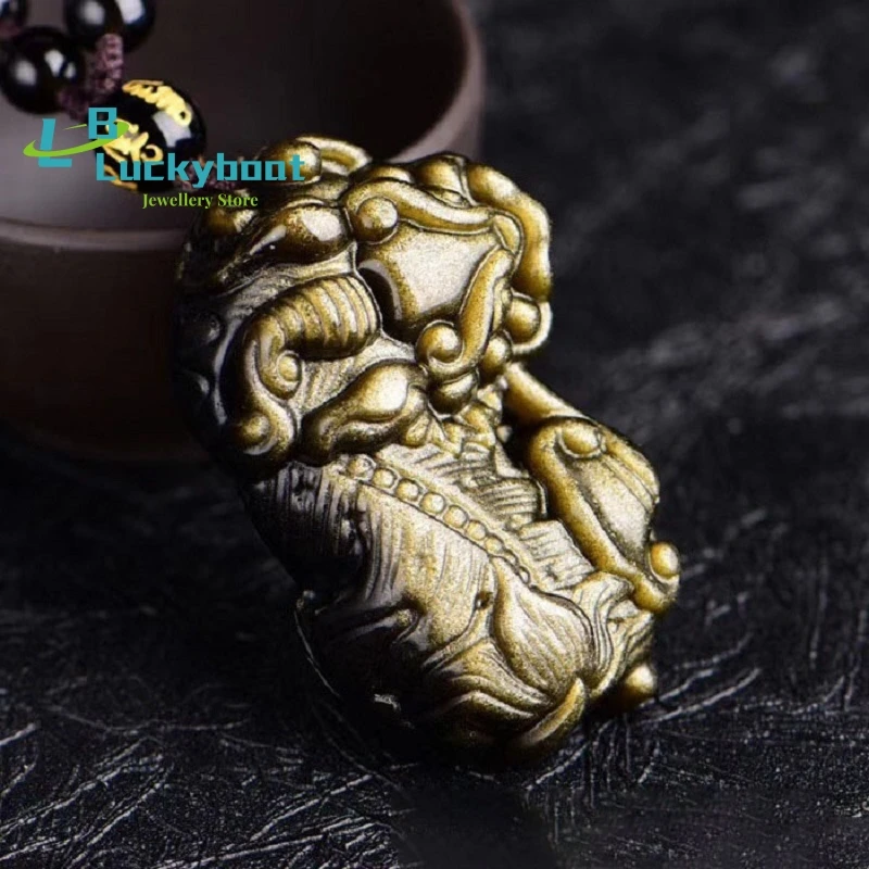 

Dropship Natural Gold Obsidian Jewelry Mighty Pixiu Pendant Men's Amulet Pendant Bring Fortune Pendant Send Free Rope Necklace