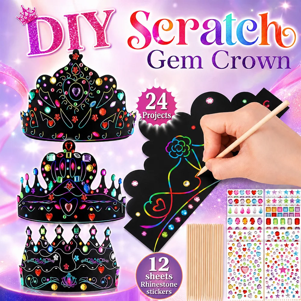 Rainbow Scratching Art Gem Crafts Diamond Crowns Set Scratch Paper Crowns Colorful Rhinestone Jewels Stickers Party Favors Gifts