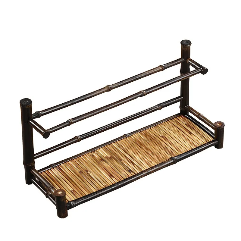 

Retro Purple Bamboo Cup Drain Rack Handmade Double Layer Tea Tray Tea Set Storage Display Stand, 2Pcs