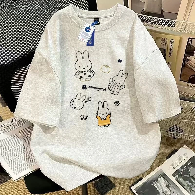 

Simple Drawing Miffy Printing Short Sleeves Male Student Loose Dropped Shoulders Half Sleeves Pure Cotton Tops T-shirt Summer