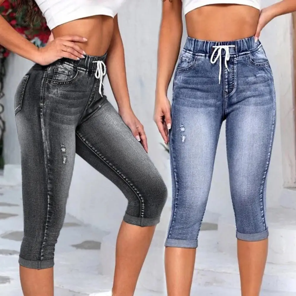 Denim Jeggings Women\'s 3/4 Short Jeans Pants Leggings Summer 2021 Breeches Harajuku High Waist Korean Vintage Mom Pants