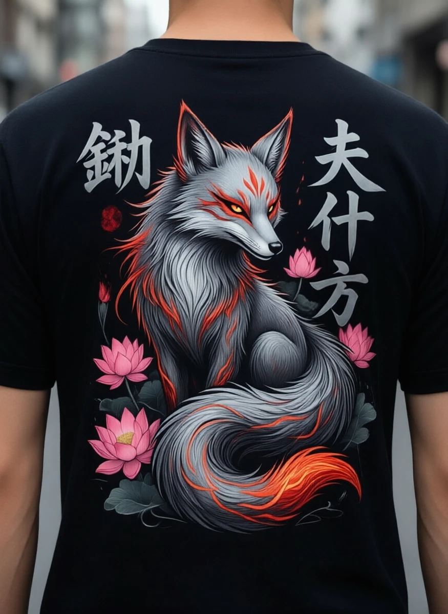Traditional Japanese Style Fox & Lotus Print T-Shirt 100% Cotton Unisex Short Sleeve Tee