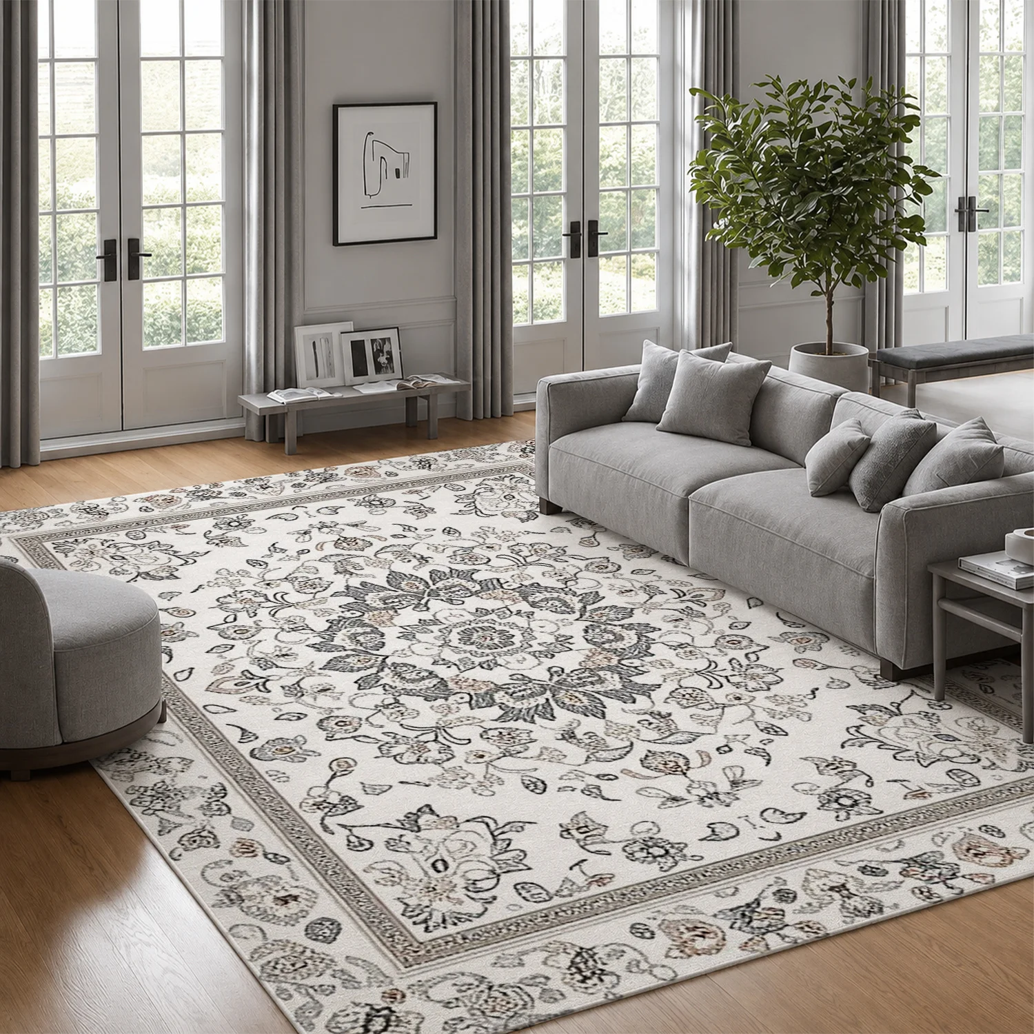 Large Indoor Area Rug, Soft Velvet Low Pile with Non-slip Dotted Backing, Machine Washable Oriental Floral Pattern Rug in Neutral Gray Tones for Living Room, Bedroom, Vintage Style Home Floor Decor