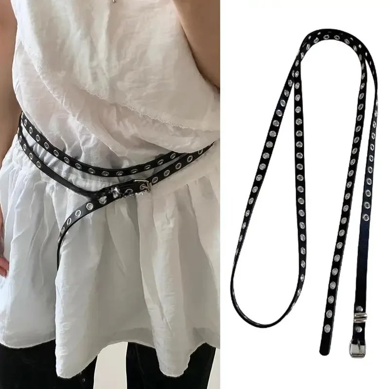 Chaîne de taille Double cercle nouée, ceinture Extra longue et fine, ceinture à trous Double couche, Corset Rivet oeillet, ceinture de taille en cuir PU
